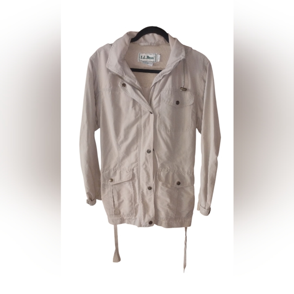 LL Bean Women's Lightweight Jacket Removable Hood Khaki Belted SZ Small